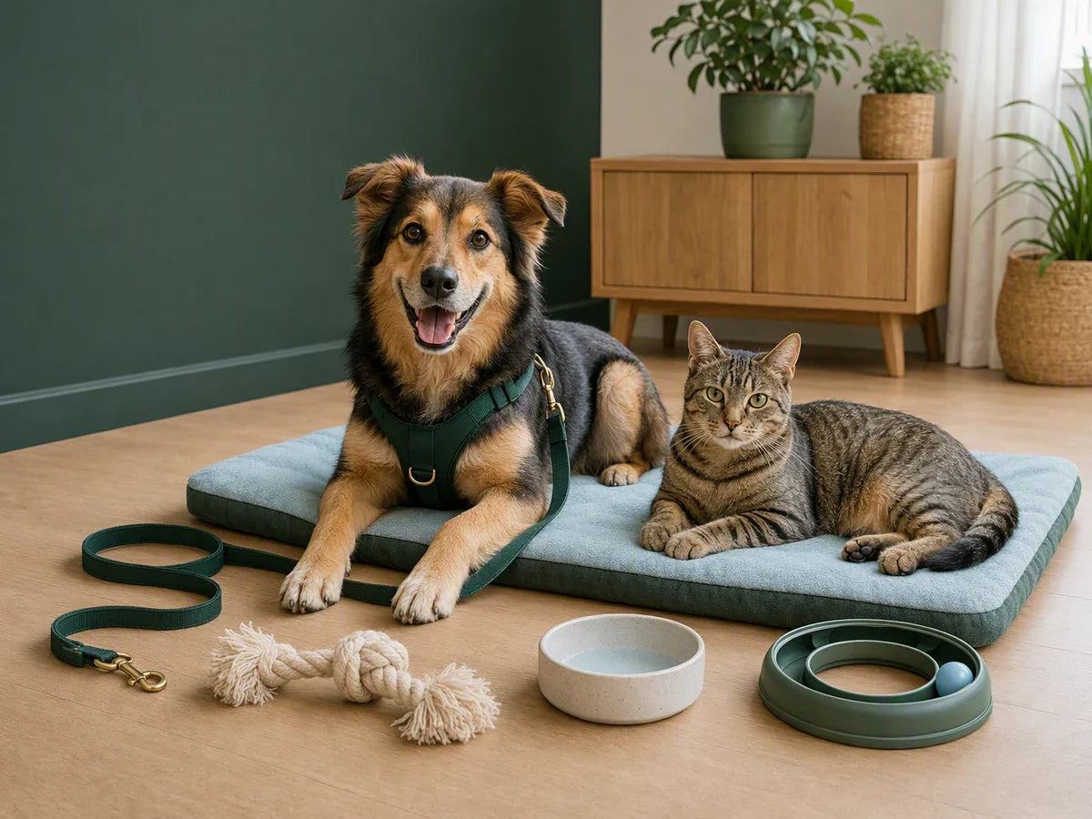 Dog and tabby cat on a mat beside walking, bowl, and play accessories