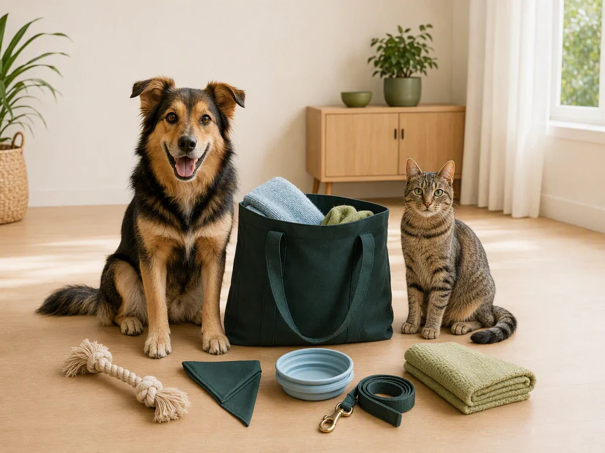 Dog and cat beside a reusable tote with pet toys, bowl, leash, and blanket