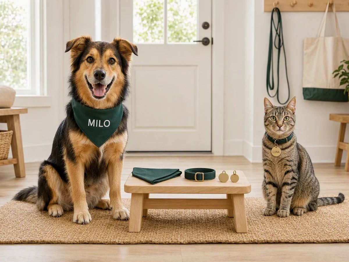 Dog and tabby cat with personalized bandana, collar tag, and pet accessories