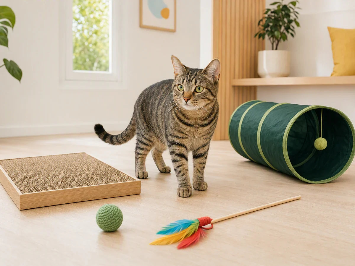 Tabby cat with a scratching pad, fabric tunnel, and enrichment toys