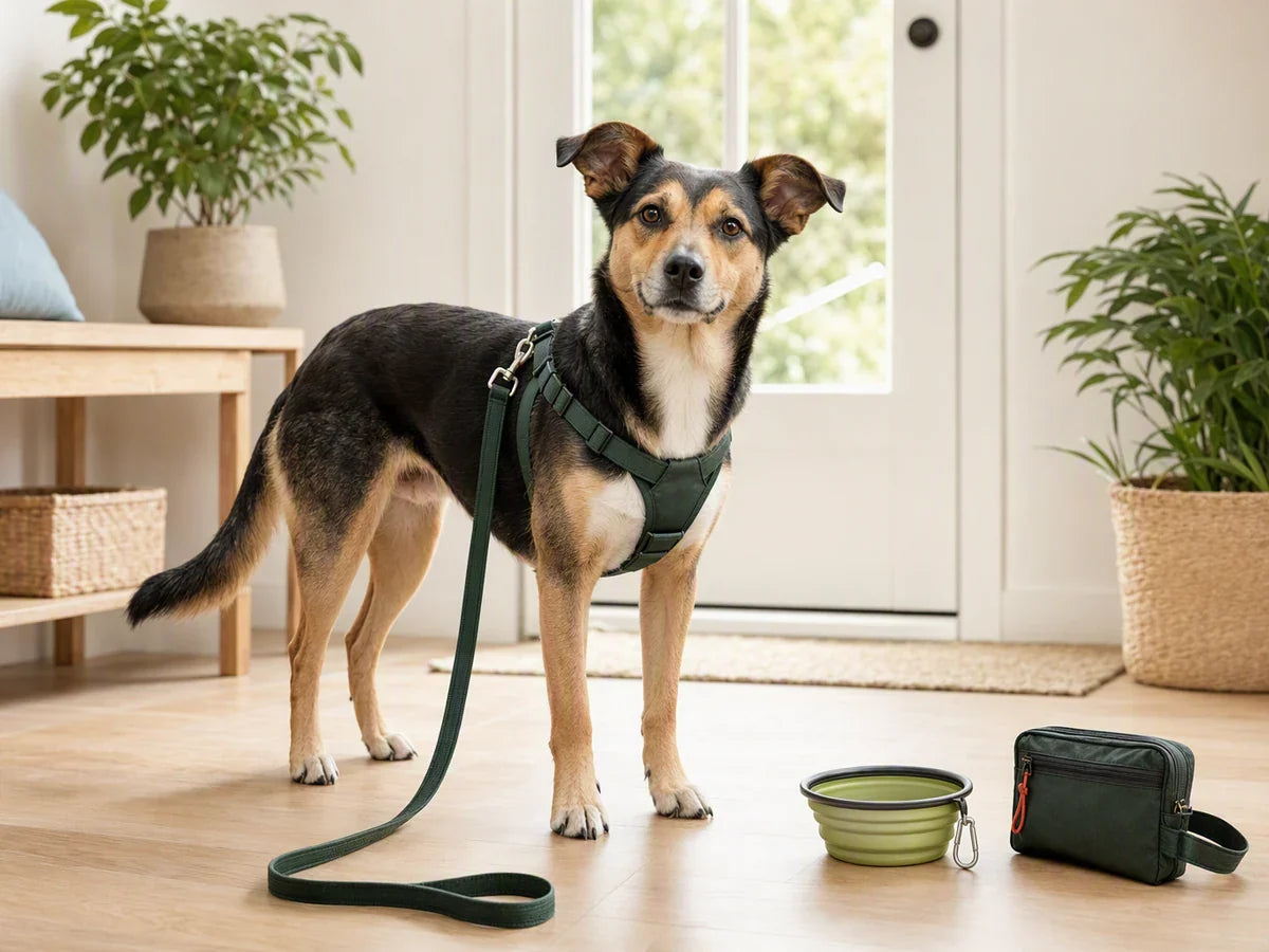 Dog wearing a harness beside a leash, travel bowl, and canvas pouch