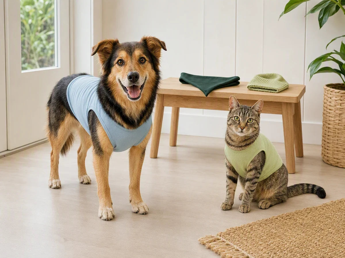 Dog in a lightweight pet shirt beside a tabby cat in a soft knit pet vest