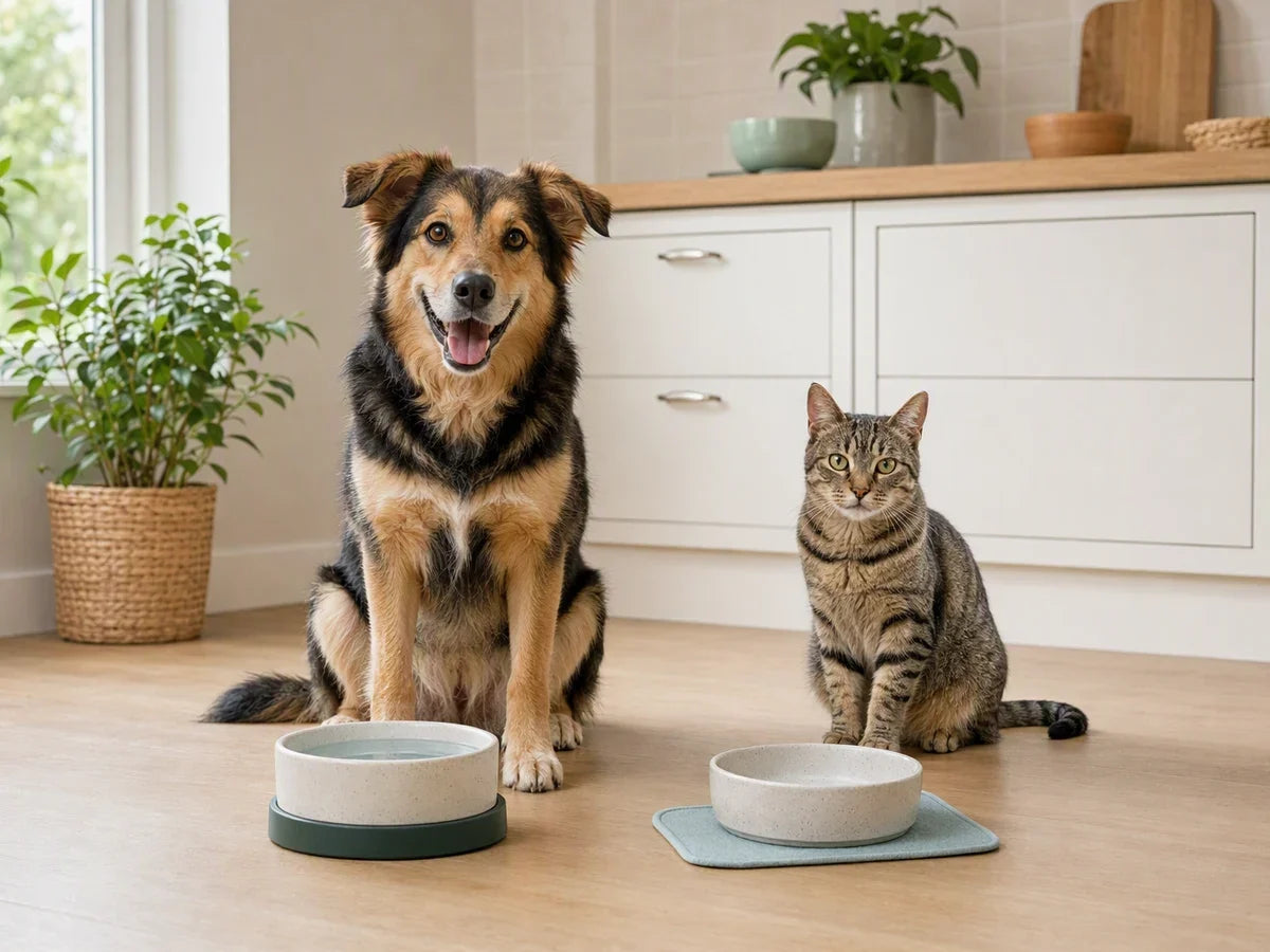Dog and tabby cat beside separate ceramic bowls on non-slip bases
