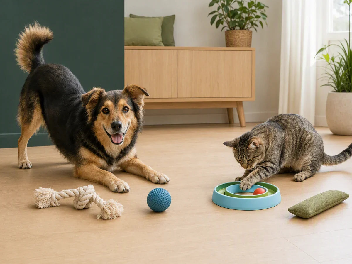 Dog and tabby cat playing with rope, ball, track, and fabric toys
