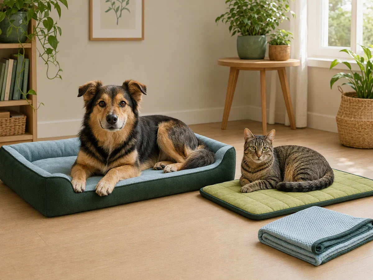 Dog resting in a bolster bed beside a cat on a quilted mat