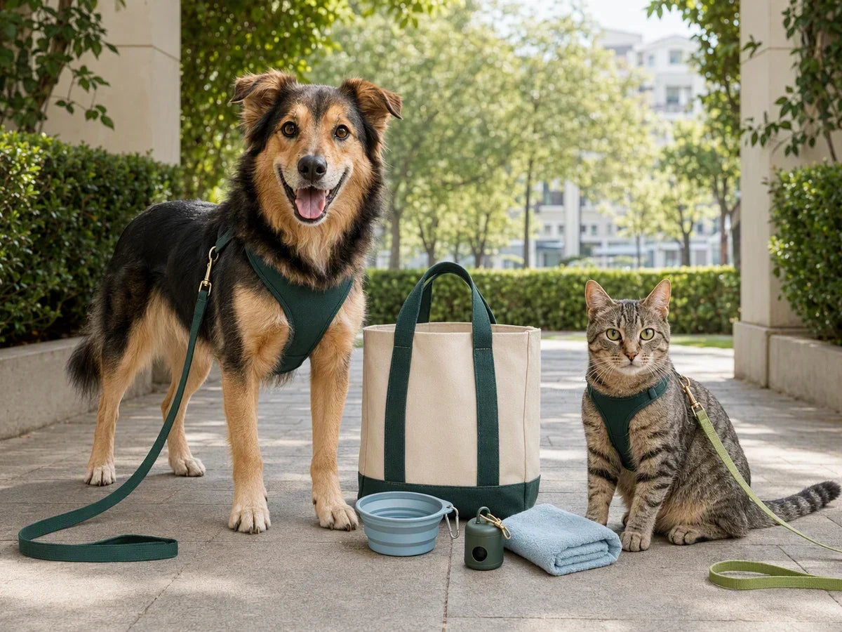 Dog and tabby cat in harnesses beside a travel tote and walking accessories