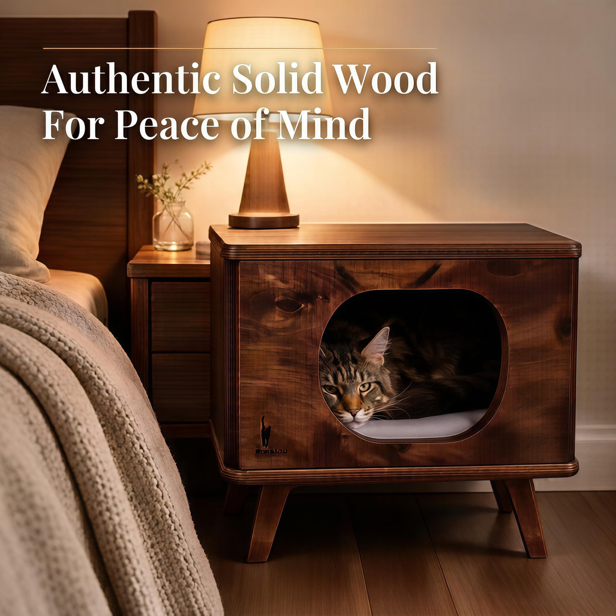 Solid Wood Cat House Side Table, Mid-Century Cat Hideaway, Walnut Nightstand