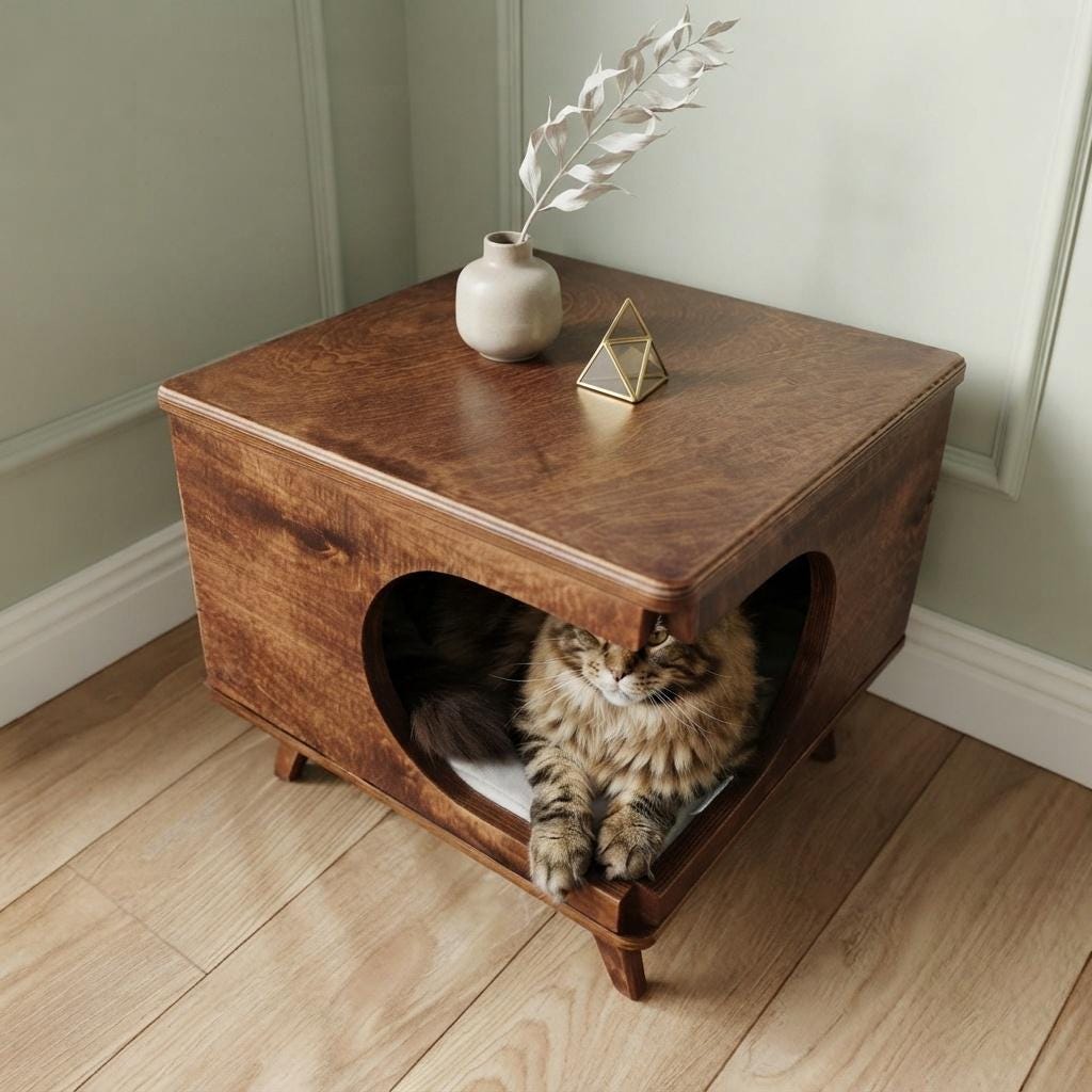 Solid Wood Cat House Side Table, Mid-Century Cat Hideaway, Walnut Nightstand