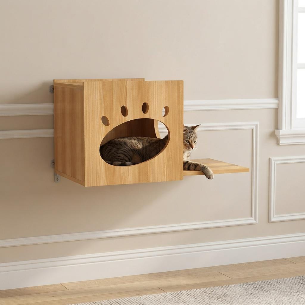 Wall Mounted Cat Bed & Perch, Wooden Cat House, Cat Cave Bed