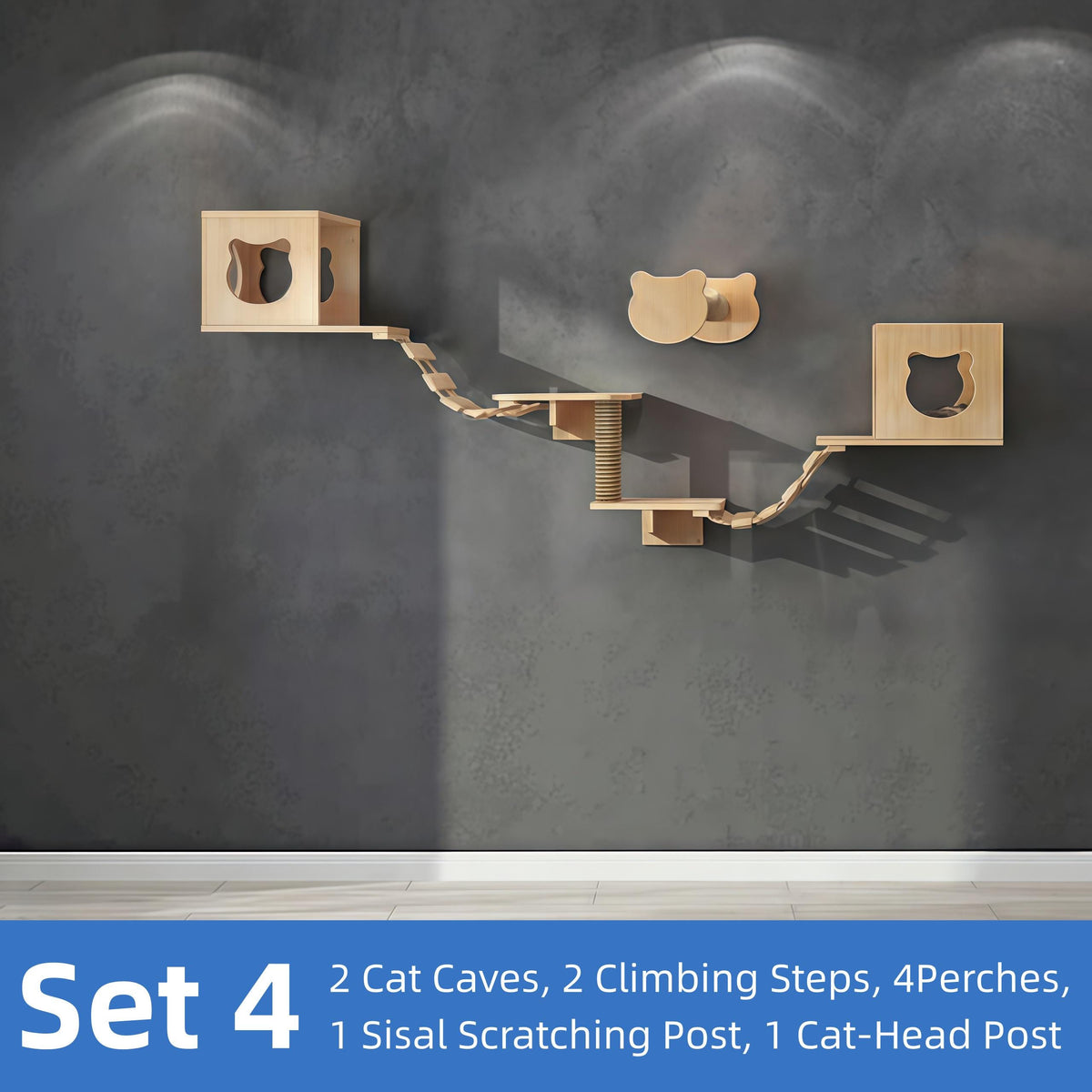 Floating Cat Bed, Cat Shelves, Climbing Bridge, Scratching Post, Cat Playground Furniture