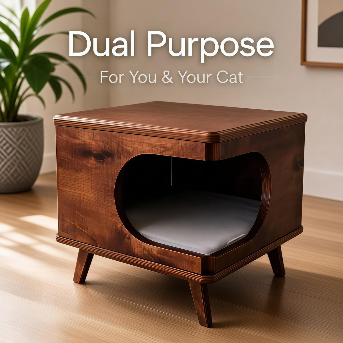 Solid Wood Cat House Side Table, Mid-Century Cat Hideaway, Walnut Nightstand