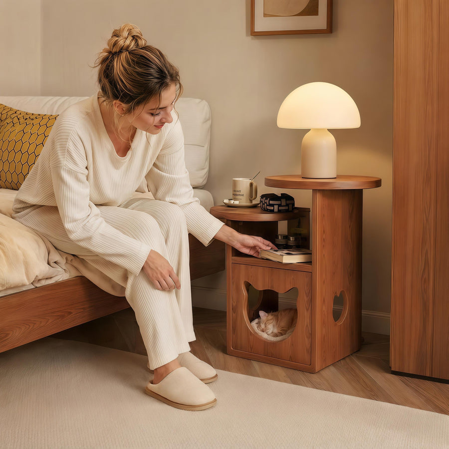 Wooden Cat House Nightstand, Cat Cave Side Table, Cat Perch End Table for Bedroom