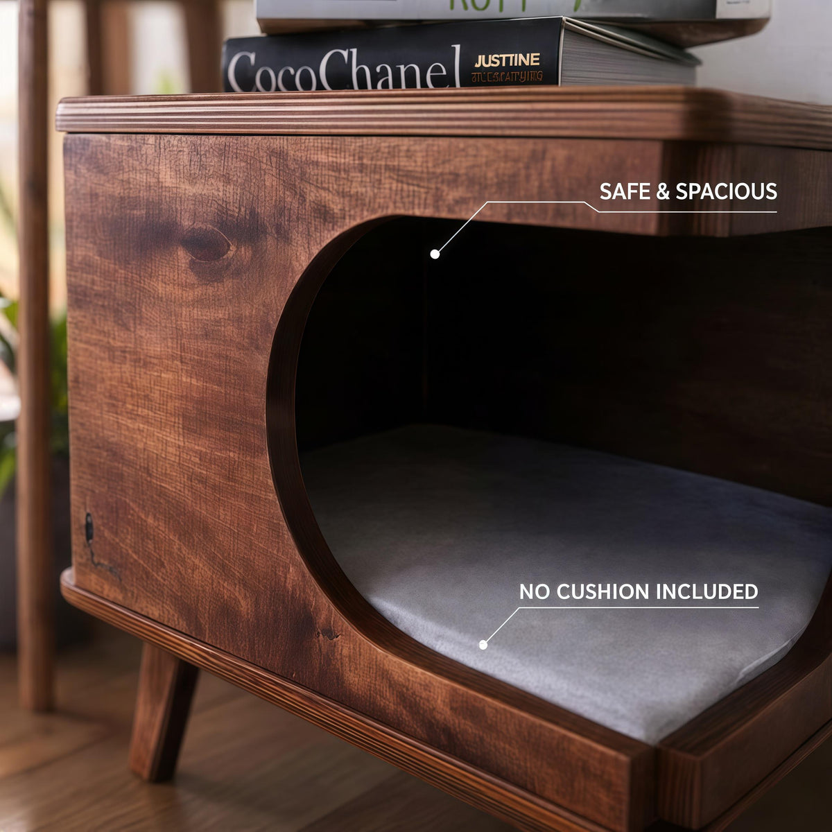 Solid Wood Cat House Side Table, Mid-Century Cat Hideaway, Walnut Nightstand