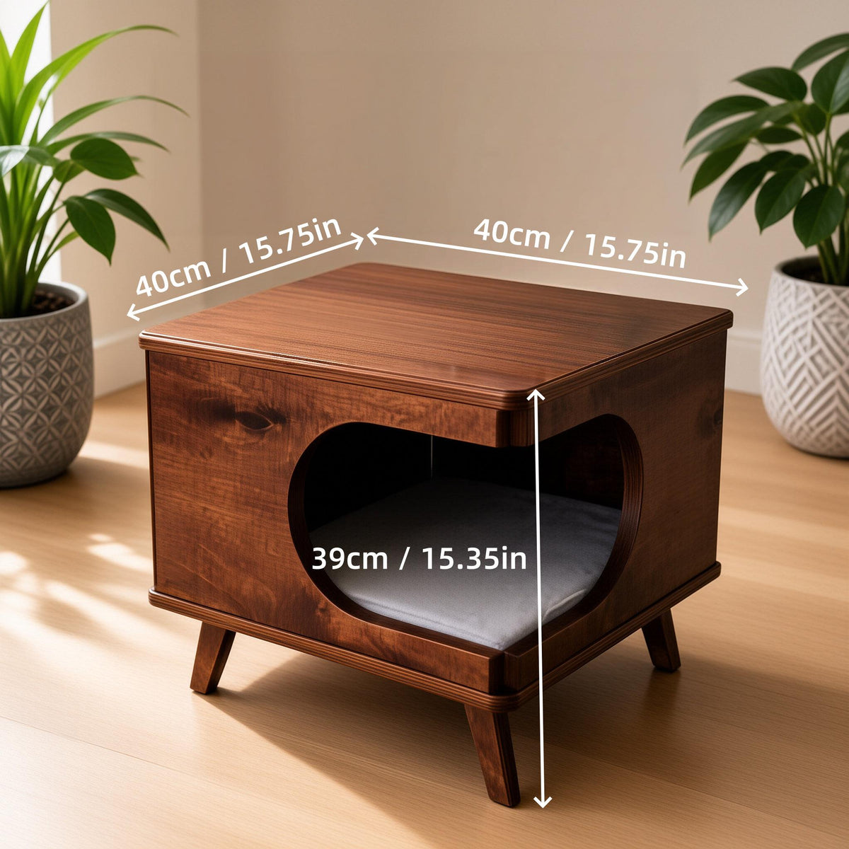 Solid Wood Cat House Side Table, Mid-Century Cat Hideaway, Walnut Nightstand