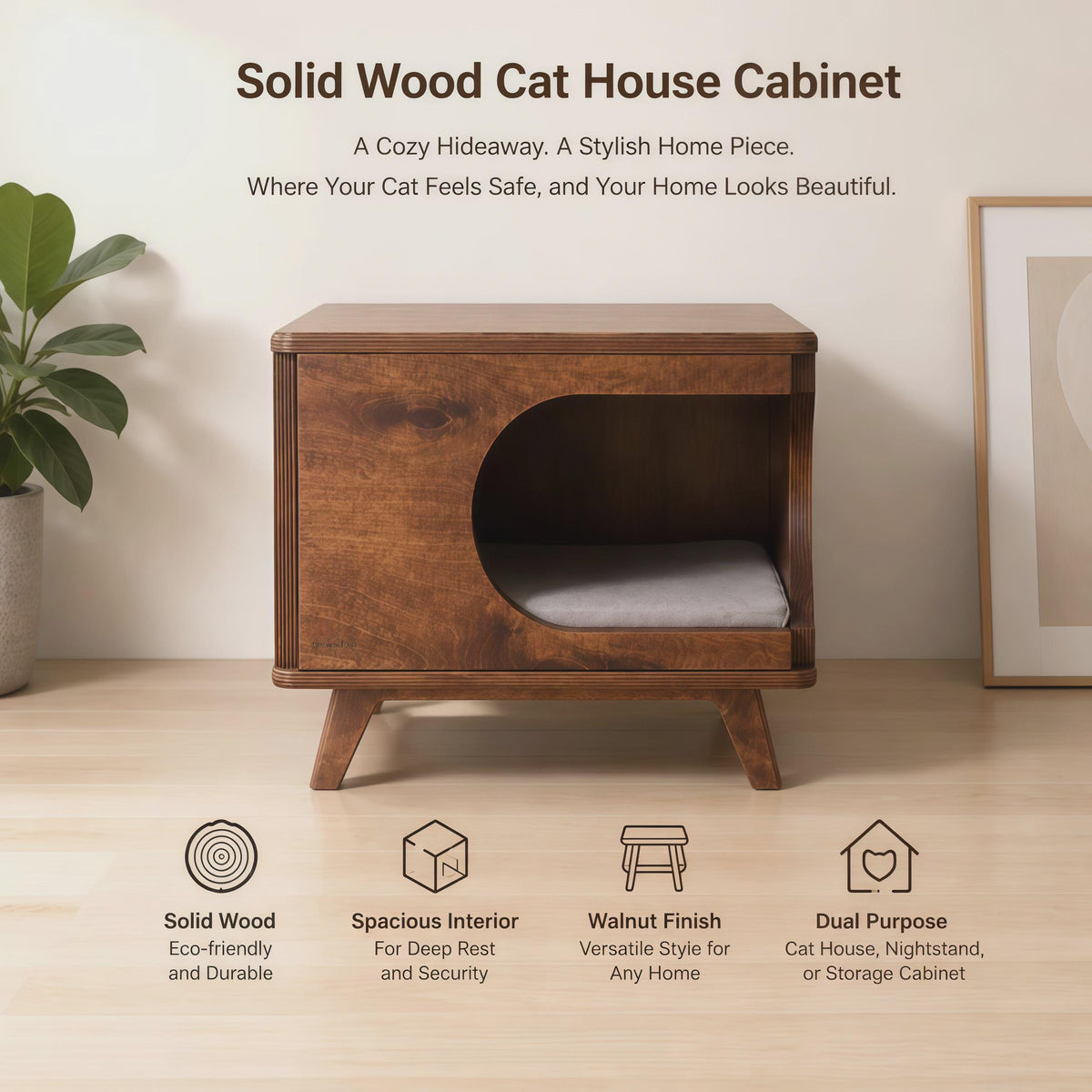 Solid Wood Cat House Side Table, Mid-Century Cat Hideaway, Walnut Nightstand