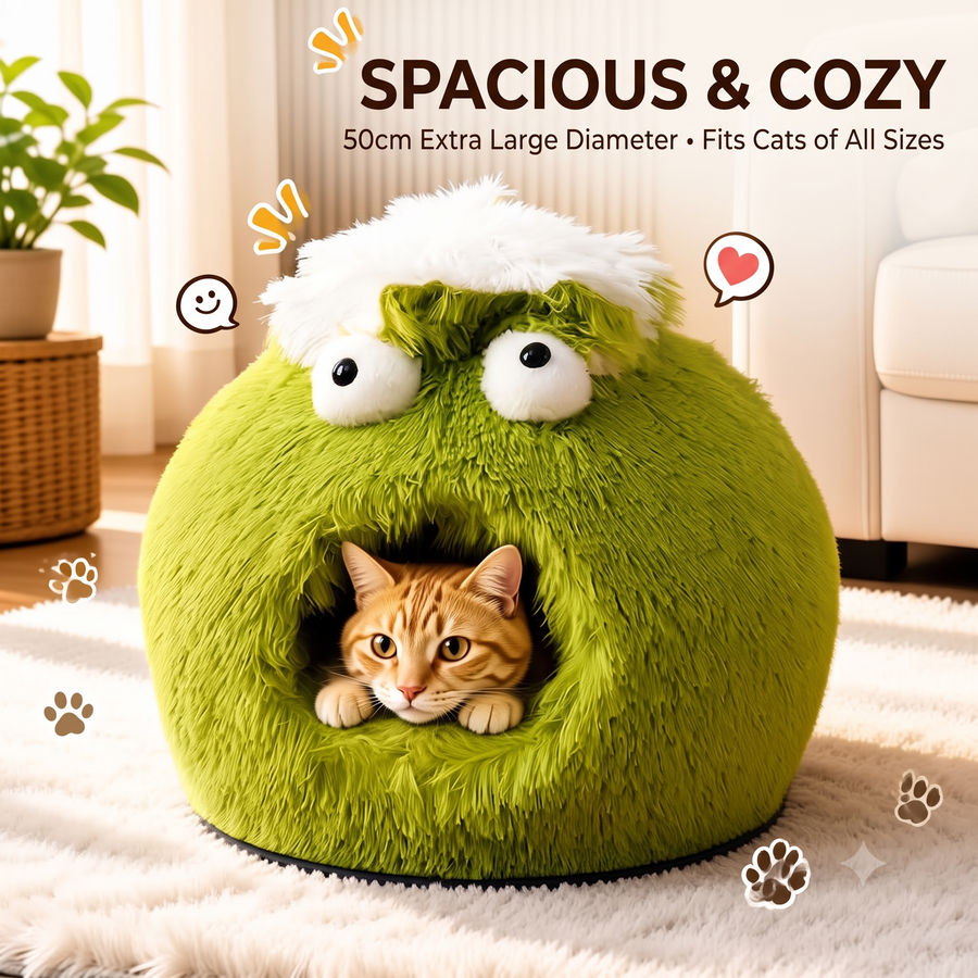 Cute Monster Cat Cave Bed, Fluffy Enclosed Pet Hideout with Non-Slip Base
