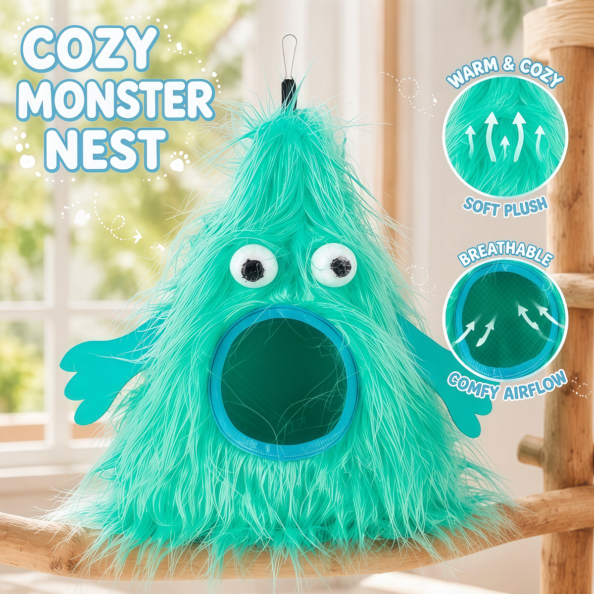 Cute Monster Pet Hideout, Hanging Plush Cave Bed for Sugar Gliders, Ferrets & Small Pets, 2 Sizes