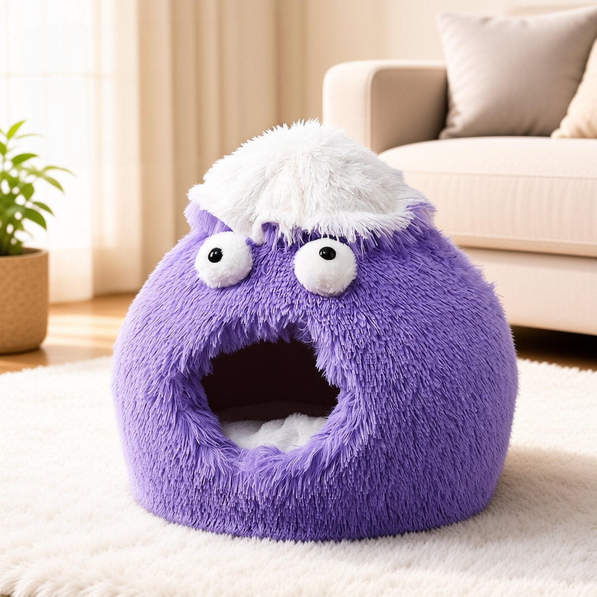 Cute Monster Cat Cave Bed, Fluffy Enclosed Pet Hideout with Non-Slip Base