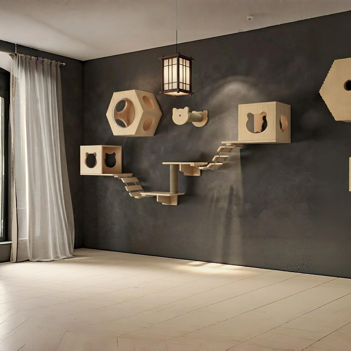 Floating Cat Bed, Cat Shelves, Climbing Bridge, Scratching Post, Cat Playground Furniture