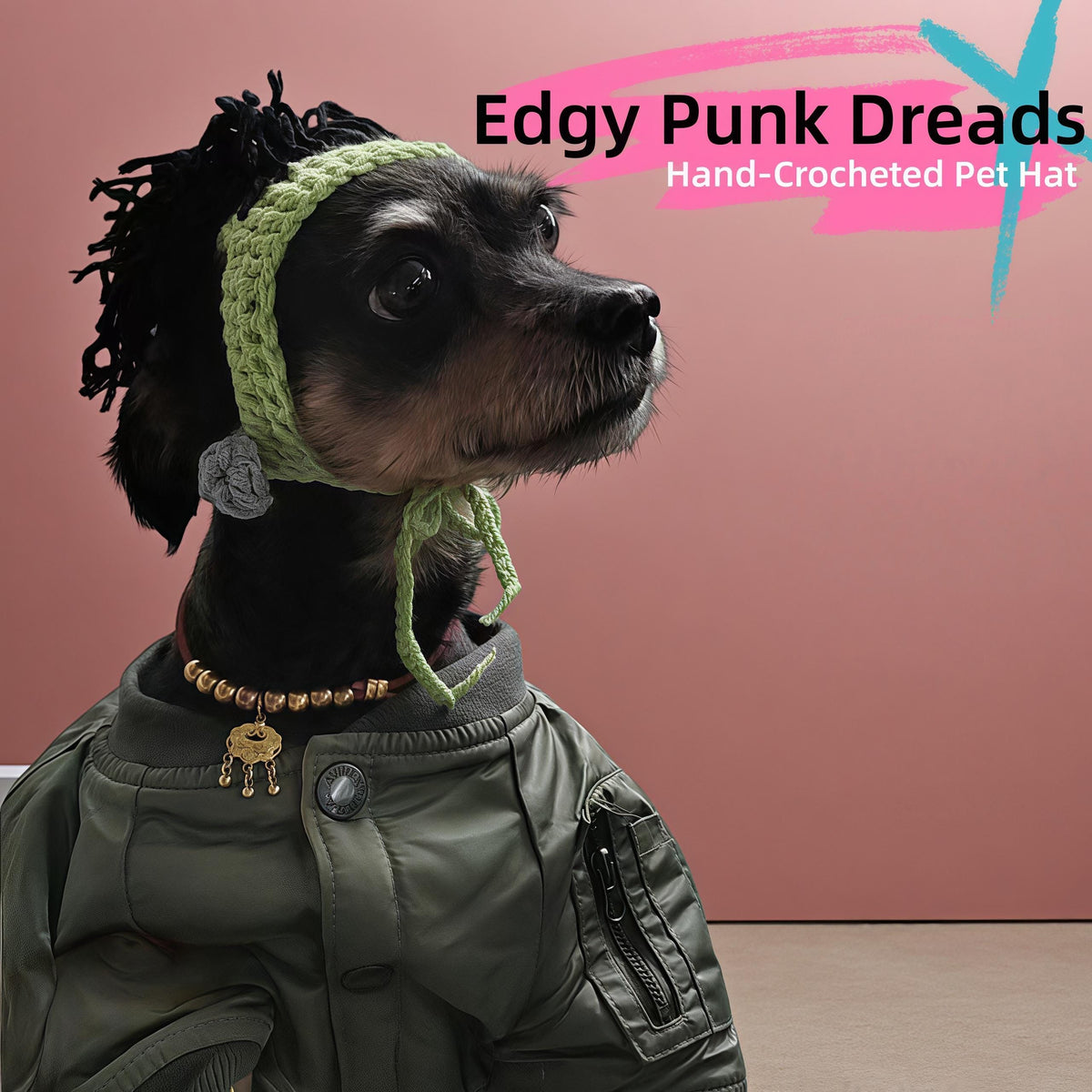 Handmade Crochet Pet Wig Hat Green Punk Mohawk Headgear
