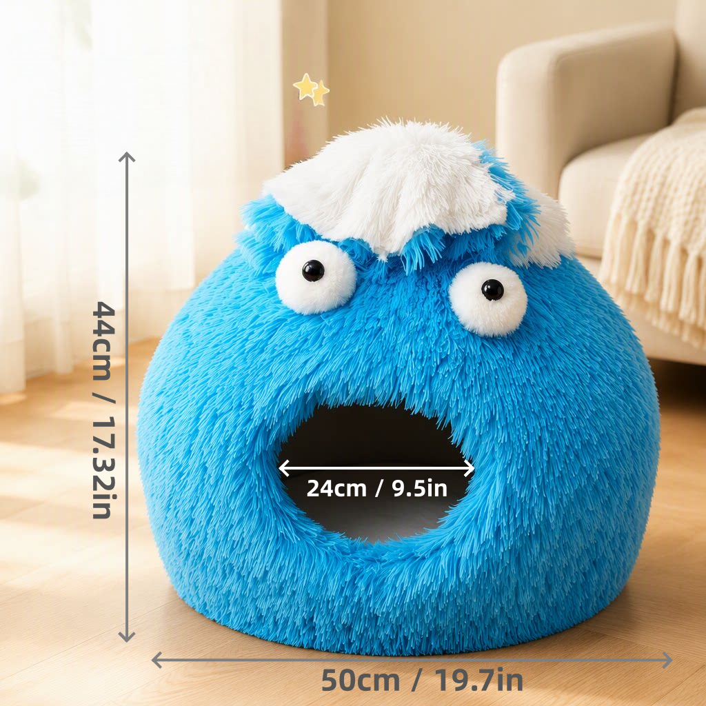 Cute Monster Cat Cave Bed, Fluffy Enclosed Pet Hideout with Non-Slip Base