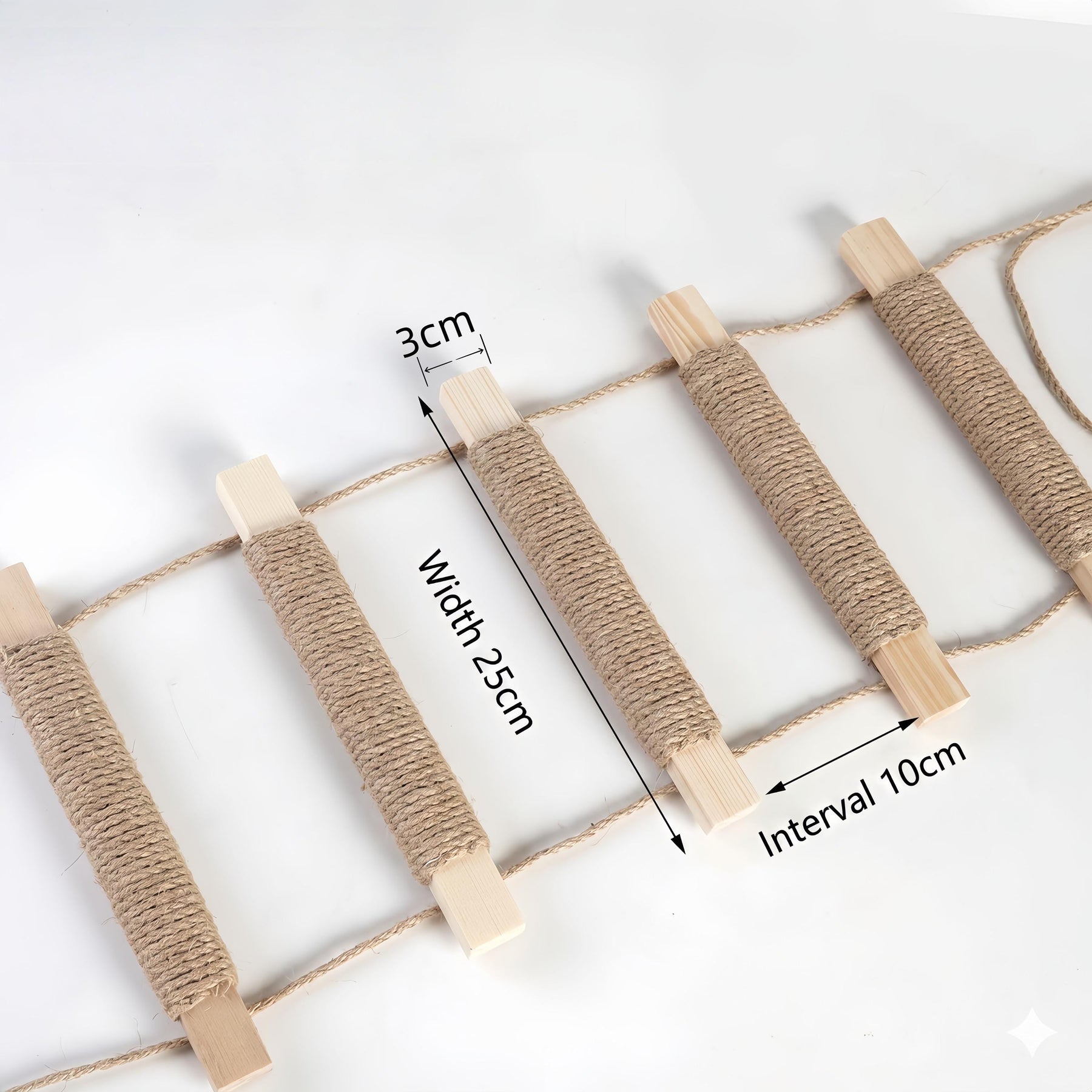 Cat ladder detail showing approximately 25 cm rung width, 3 cm rung diameter, and 10 cm spacing