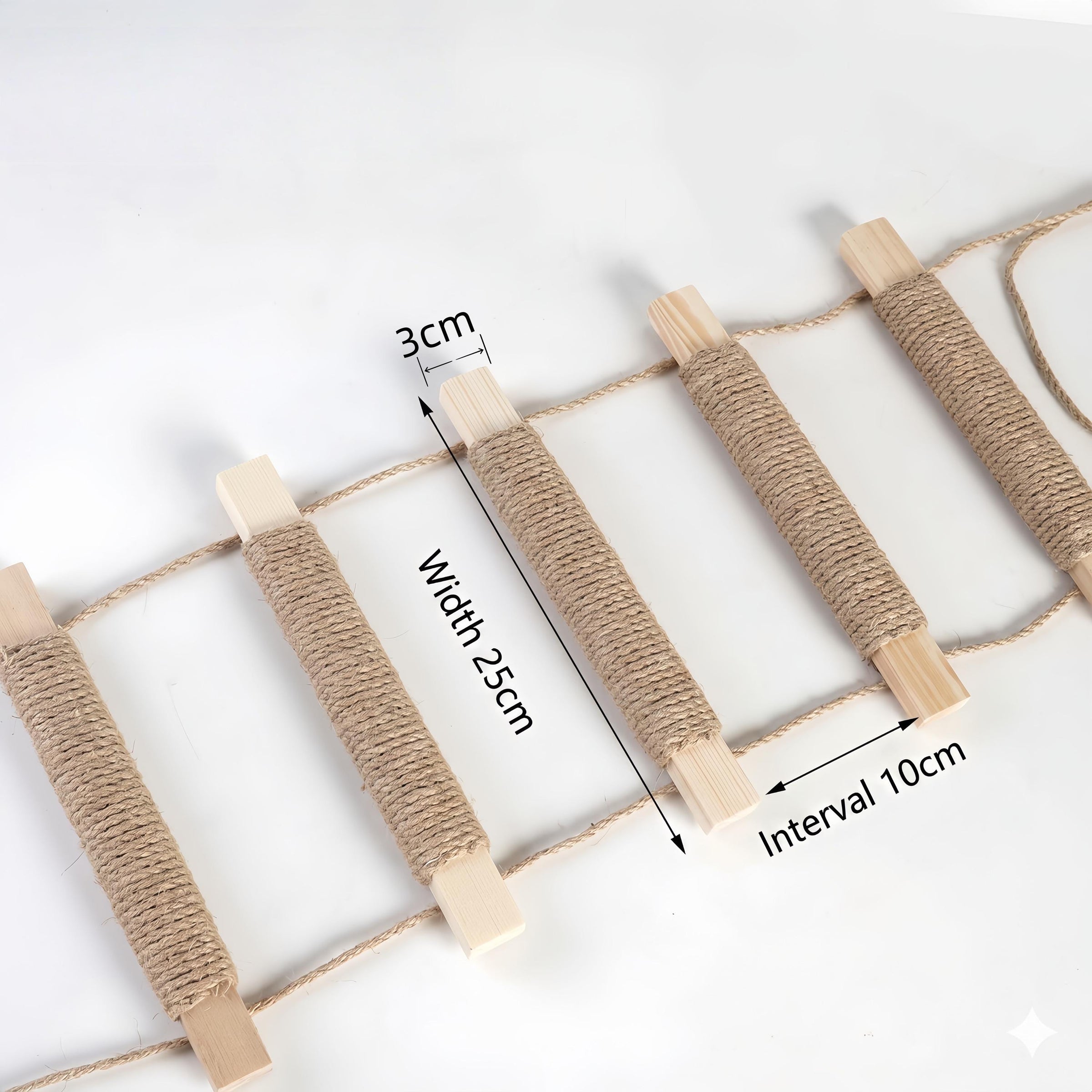 Cat ladder detail showing approximately 25 cm rung width, 3 cm rung diameter, and 10 cm spacing