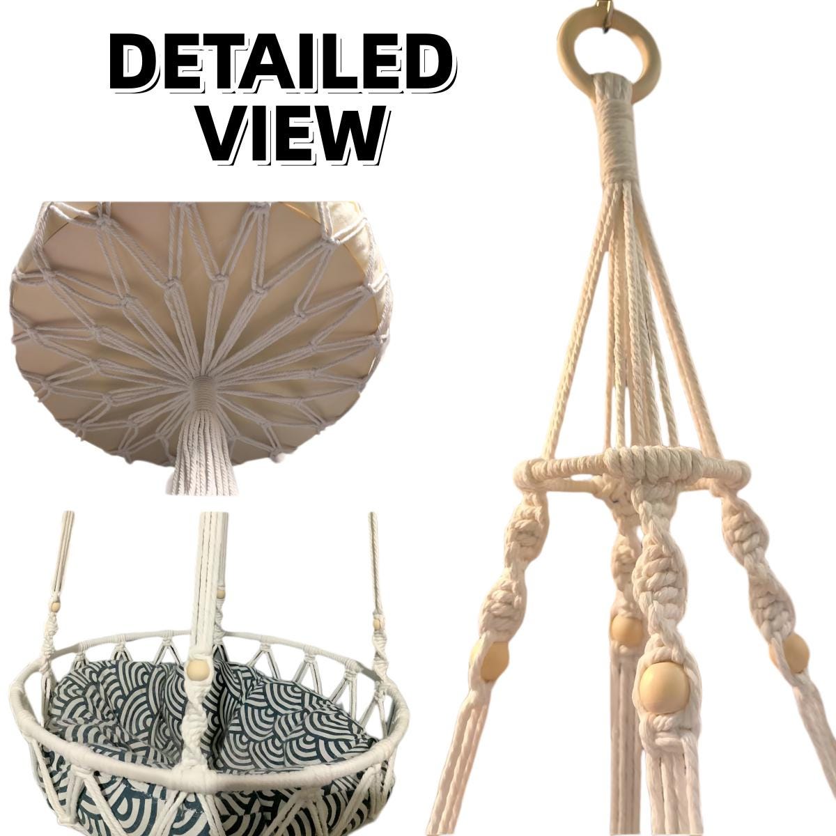 Detail collage of the hanging ring, cords, basket underside, and hammock with a patterned cushion