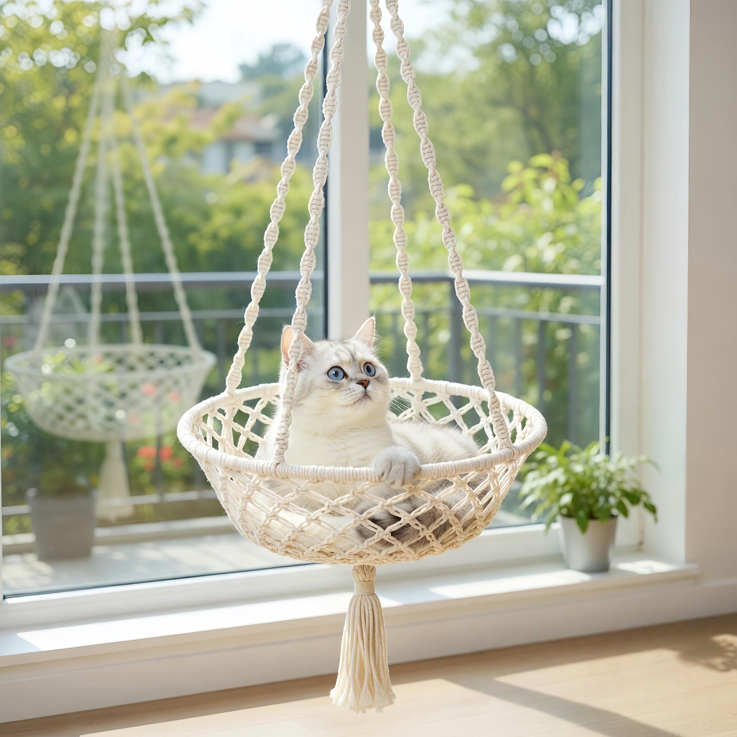 White cat resting in a natural cream hanging hammock beside a window