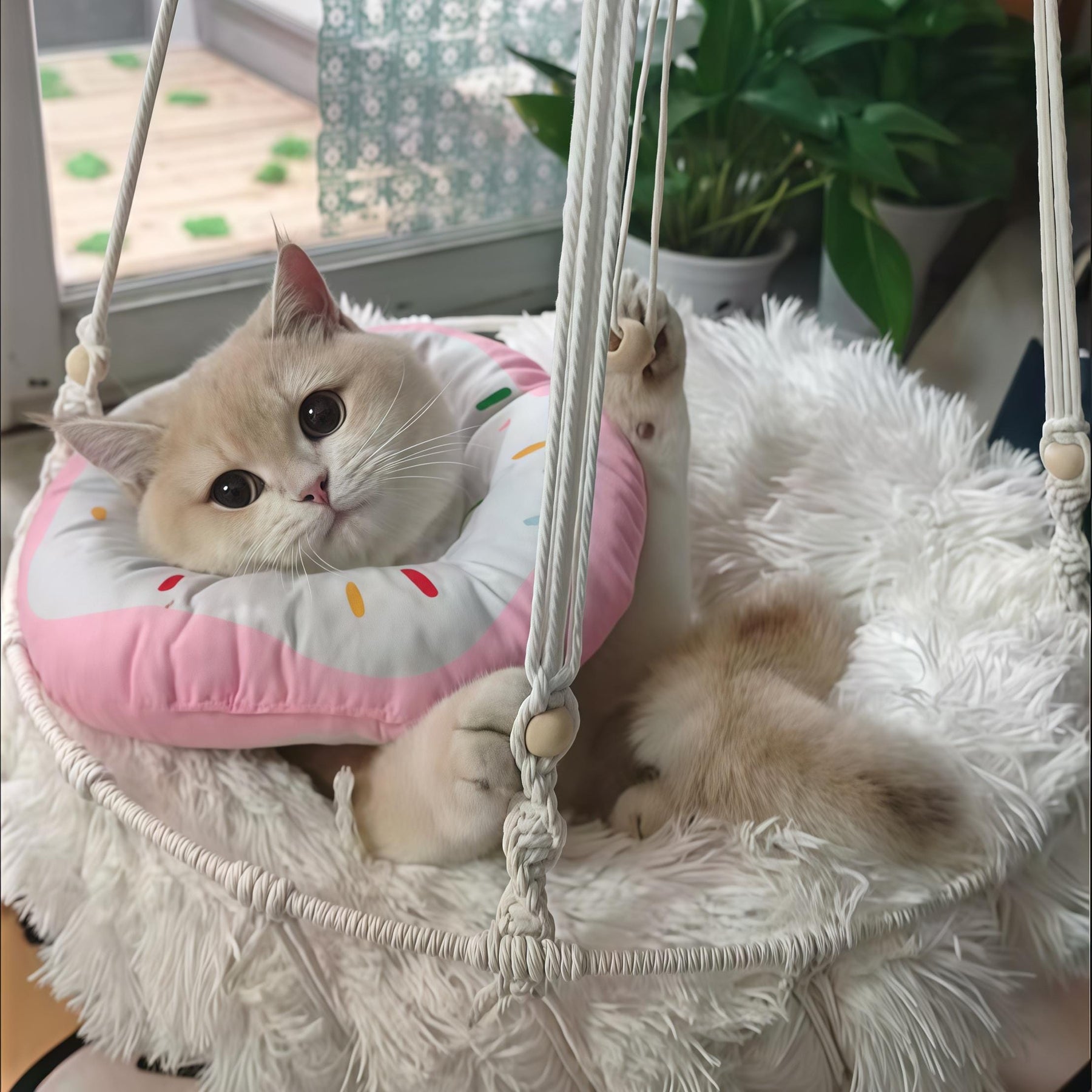 Cream cat resting on a pink cushion and white shag mat in the hanging hammock