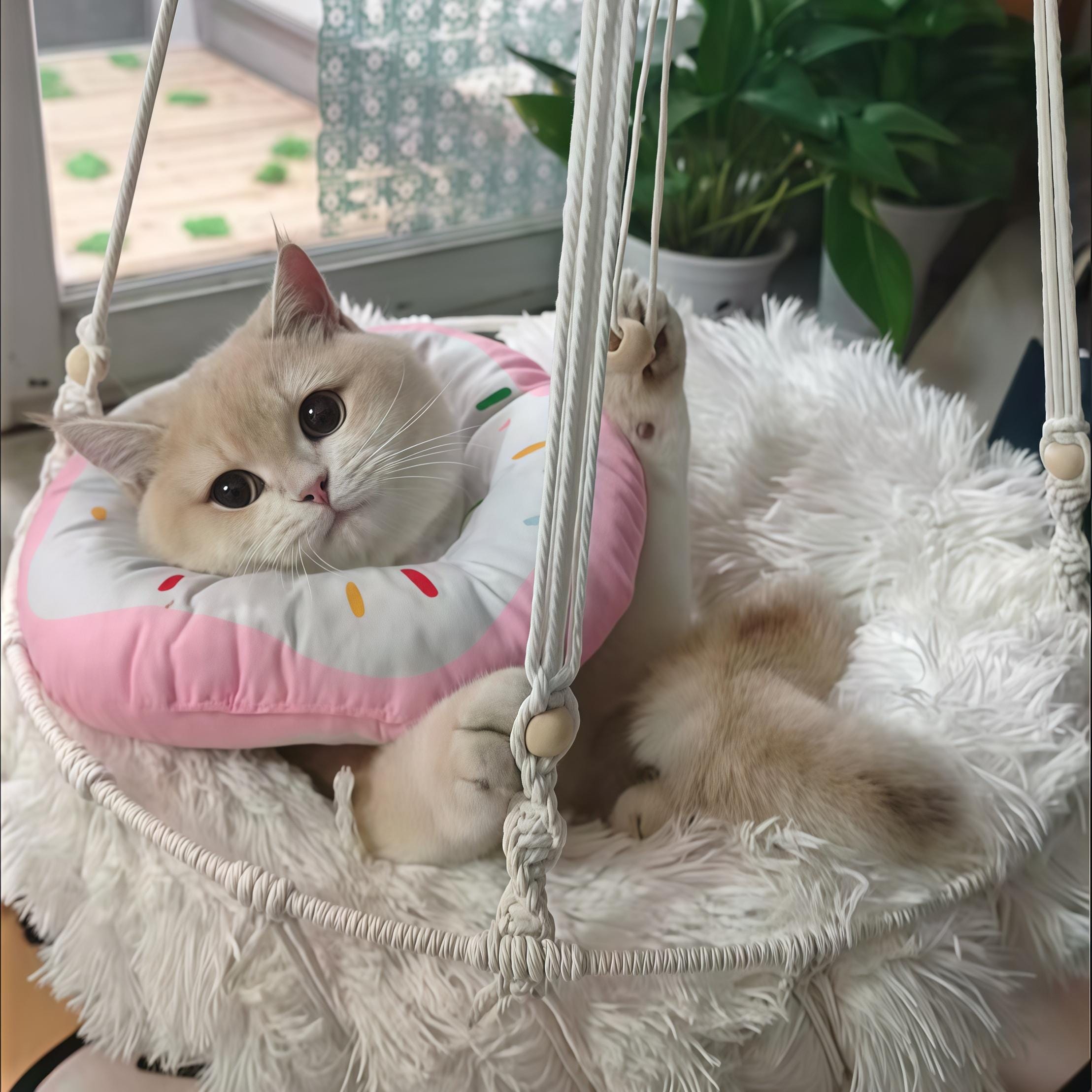 Cream cat resting on a pink cushion and white shag mat in the hanging hammock