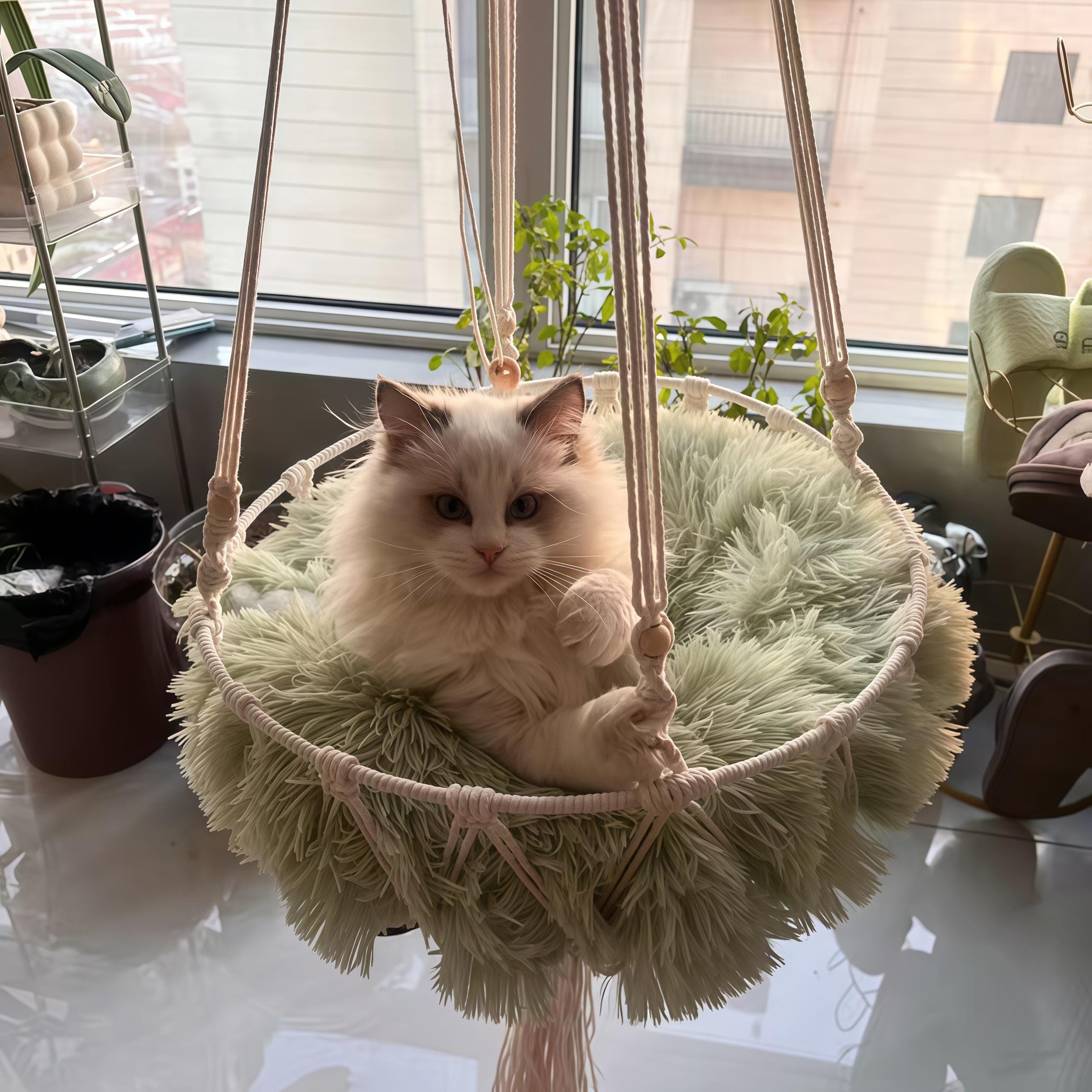 White long-haired cat sitting on a shag cushion in the hanging hammock