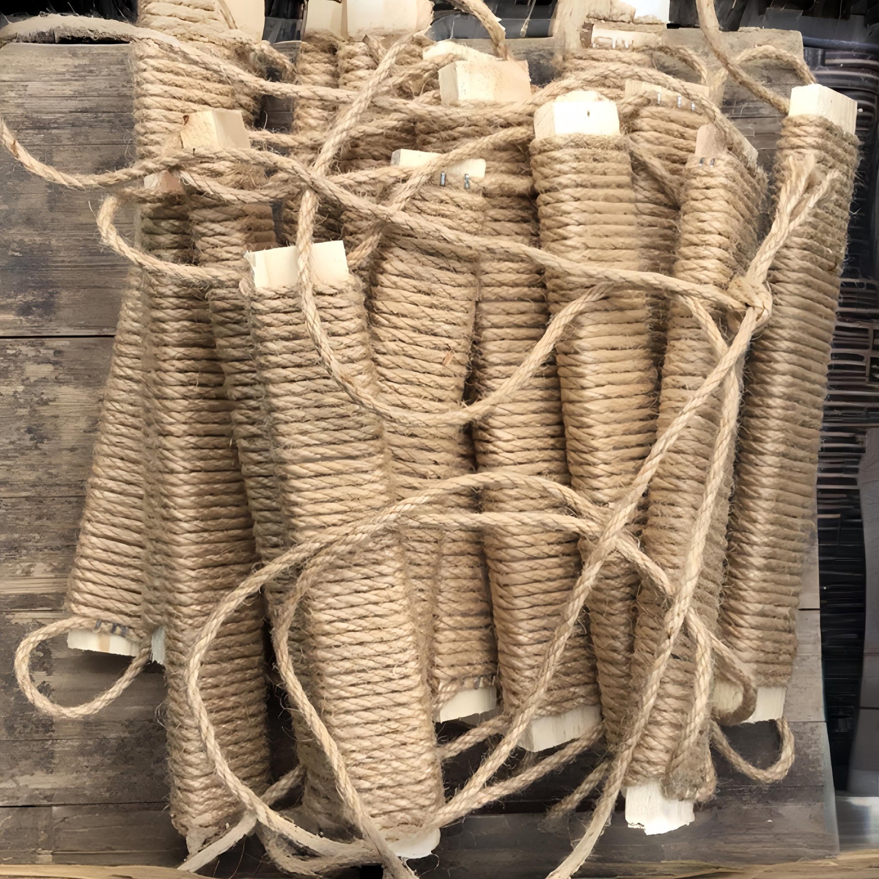 Close-up of multiple rope-wrapped wooden cat ladder sections and side ropes
