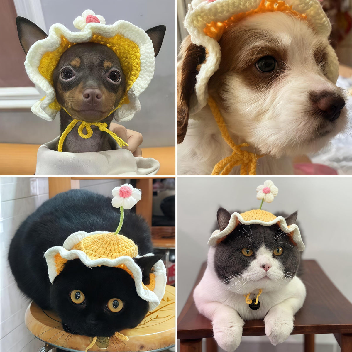 Cats and small dogs wearing the sunflower yellow daisy ruffle pet bonnet