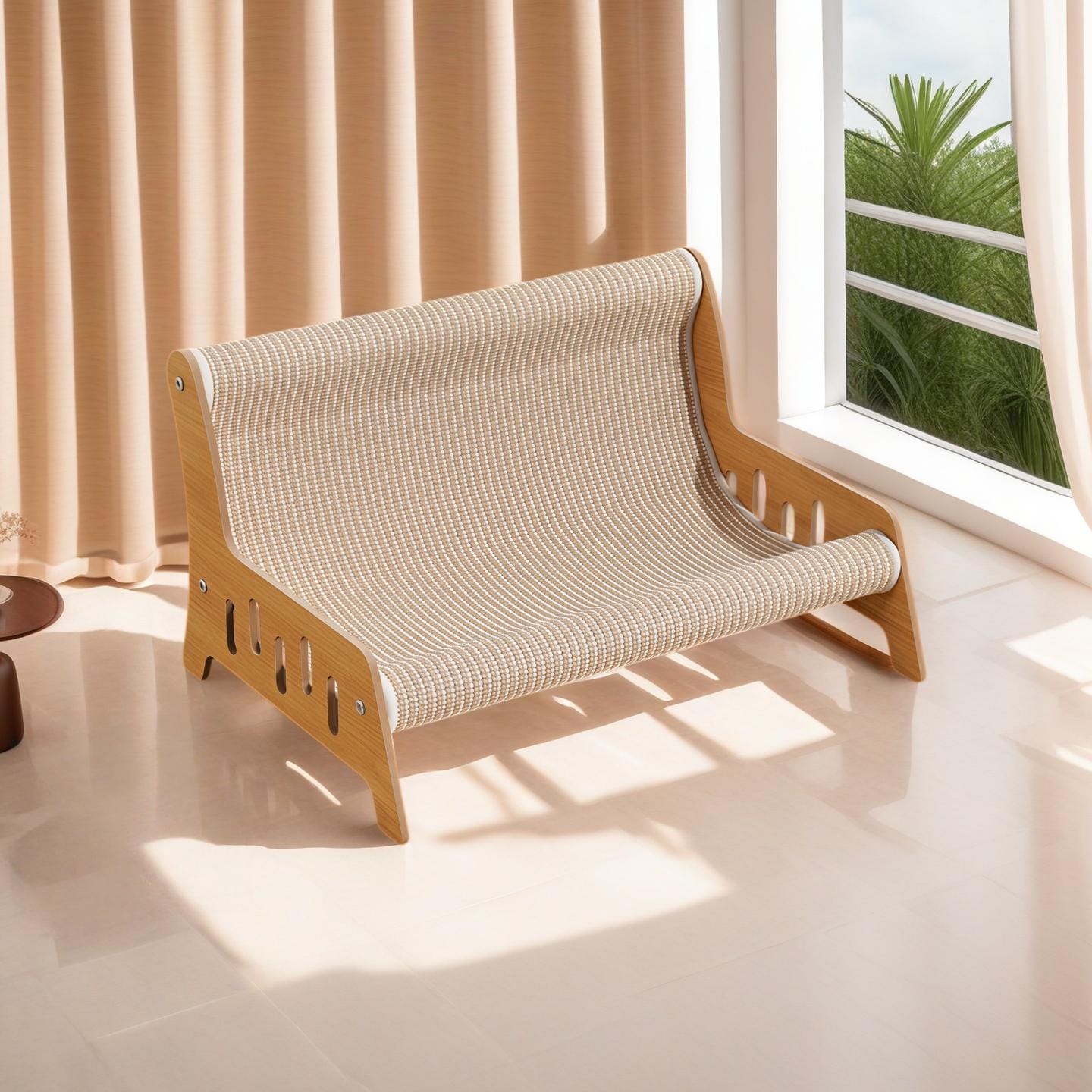 Front three-quarter view of the curved beige cat sofa scratcher beside a window