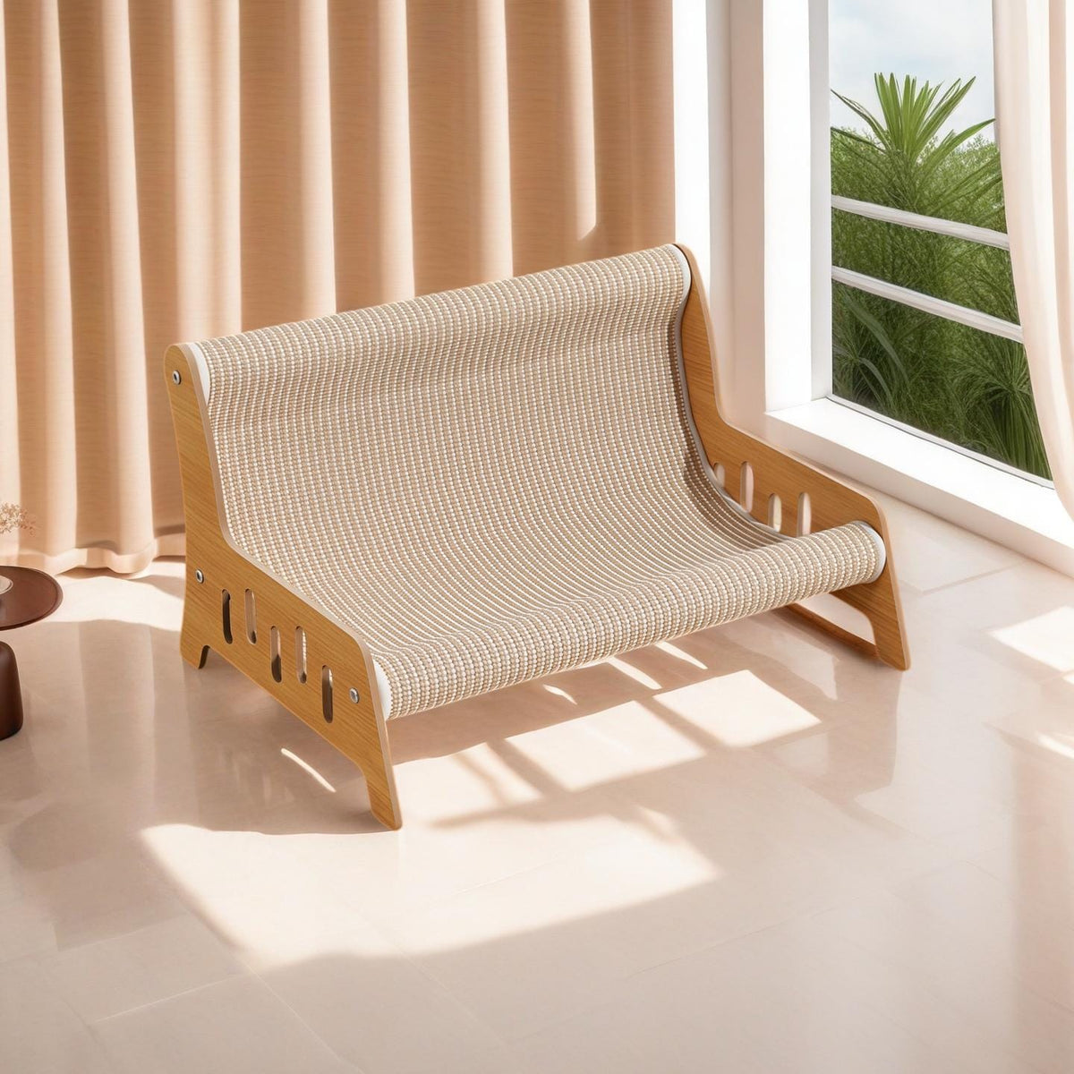 Front three-quarter view of the curved beige cat sofa scratcher beside a window