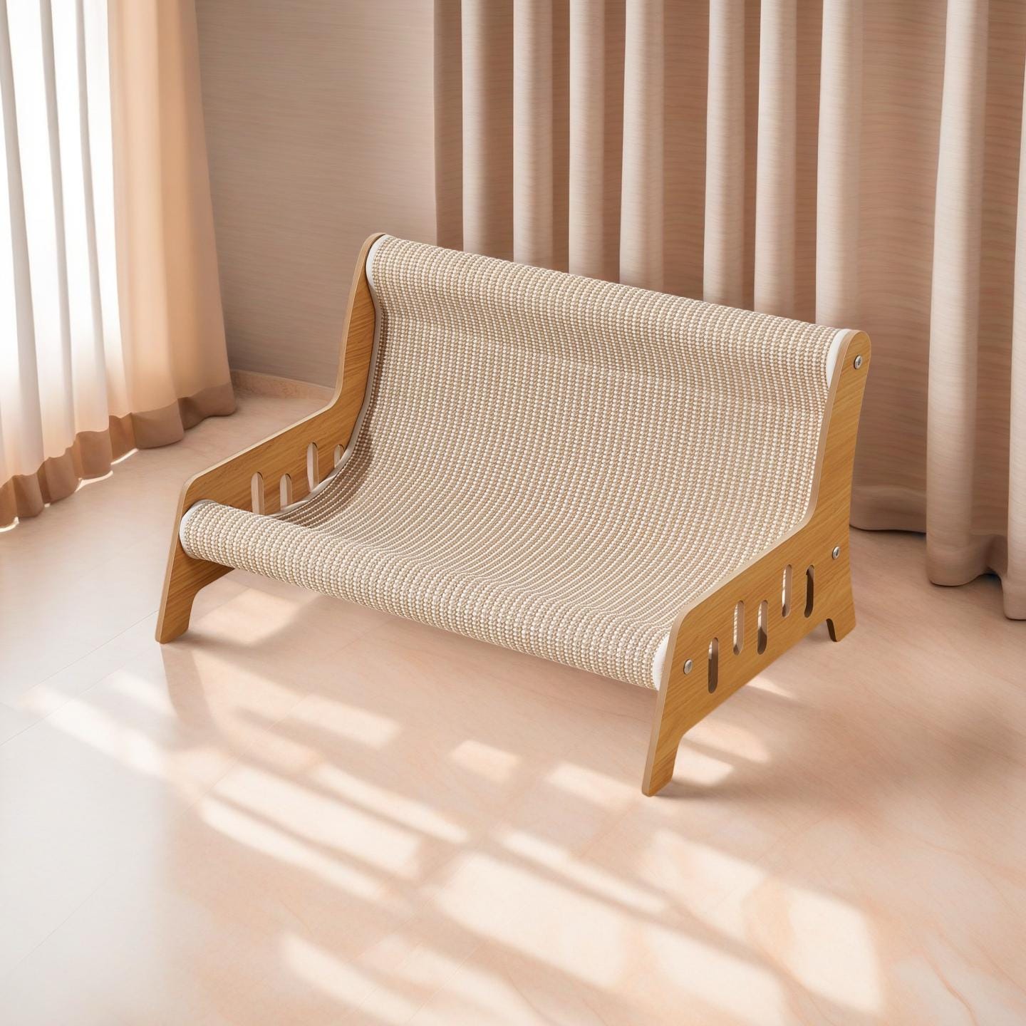 Curved beige cat sofa scratcher with wooden side panels in a bright indoor room