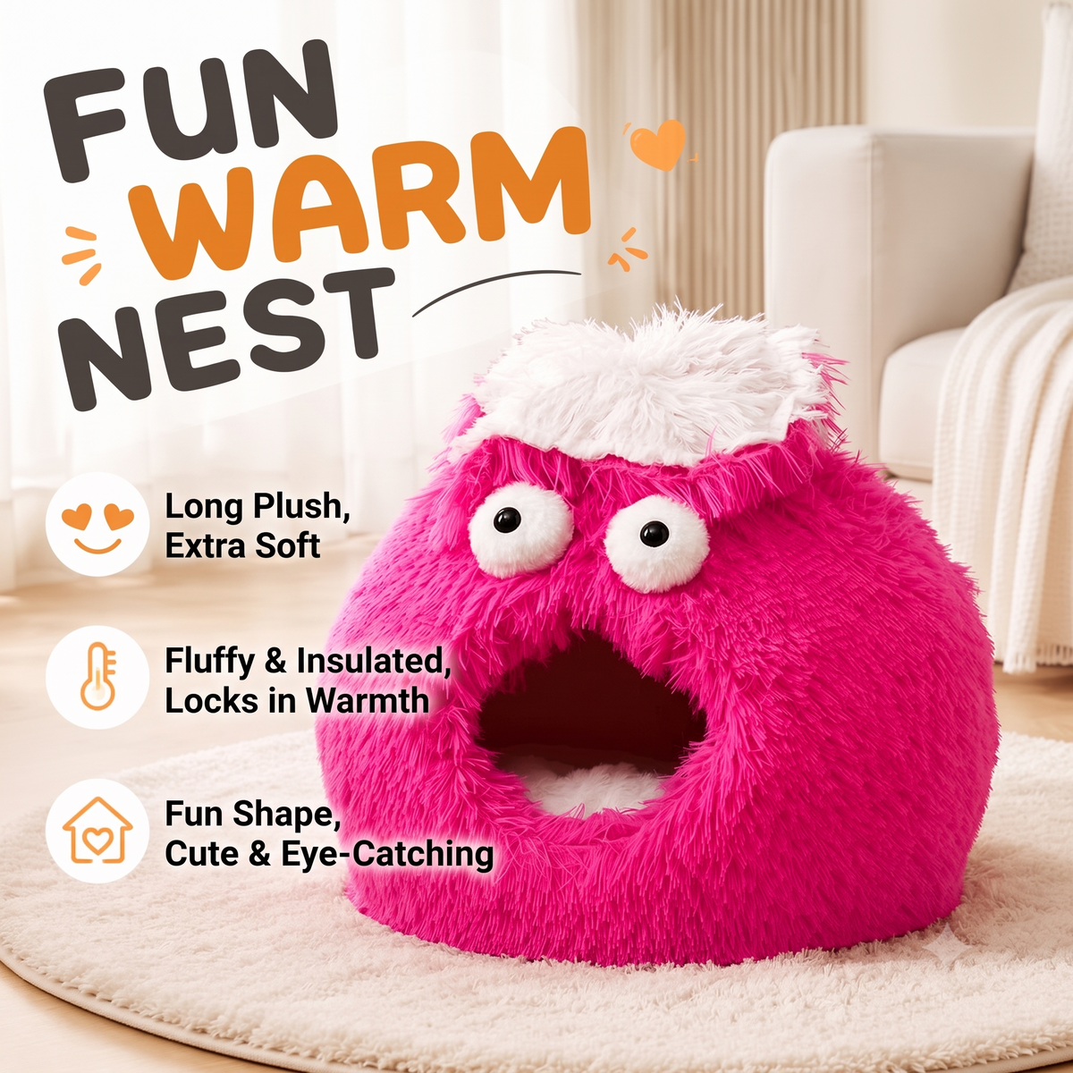 Cute Monster Cat Cave Bed, Fluffy Enclosed Pet Hideout with Non-Slip Base
