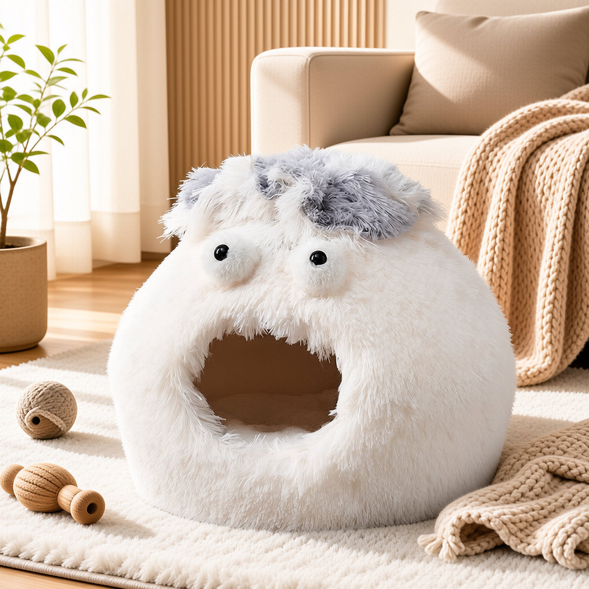 Cute Monster Cat Cave Bed, Fluffy Enclosed Pet Hideout with Non-Slip Base