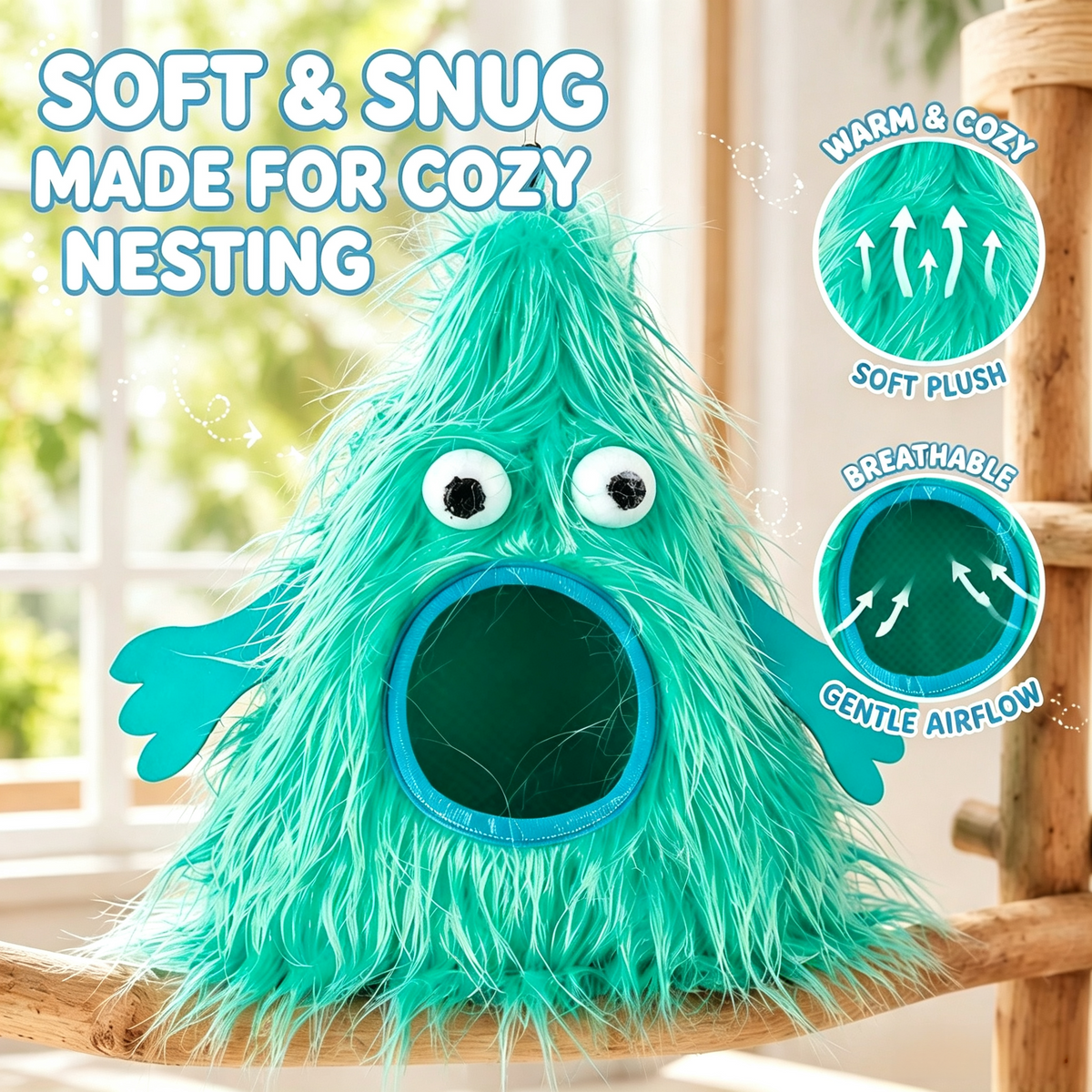 Cute Monster Pet Hideout, Hanging Plush Cave Bed for Sugar Gliders, Ferrets & Small Pets, 2 Sizes