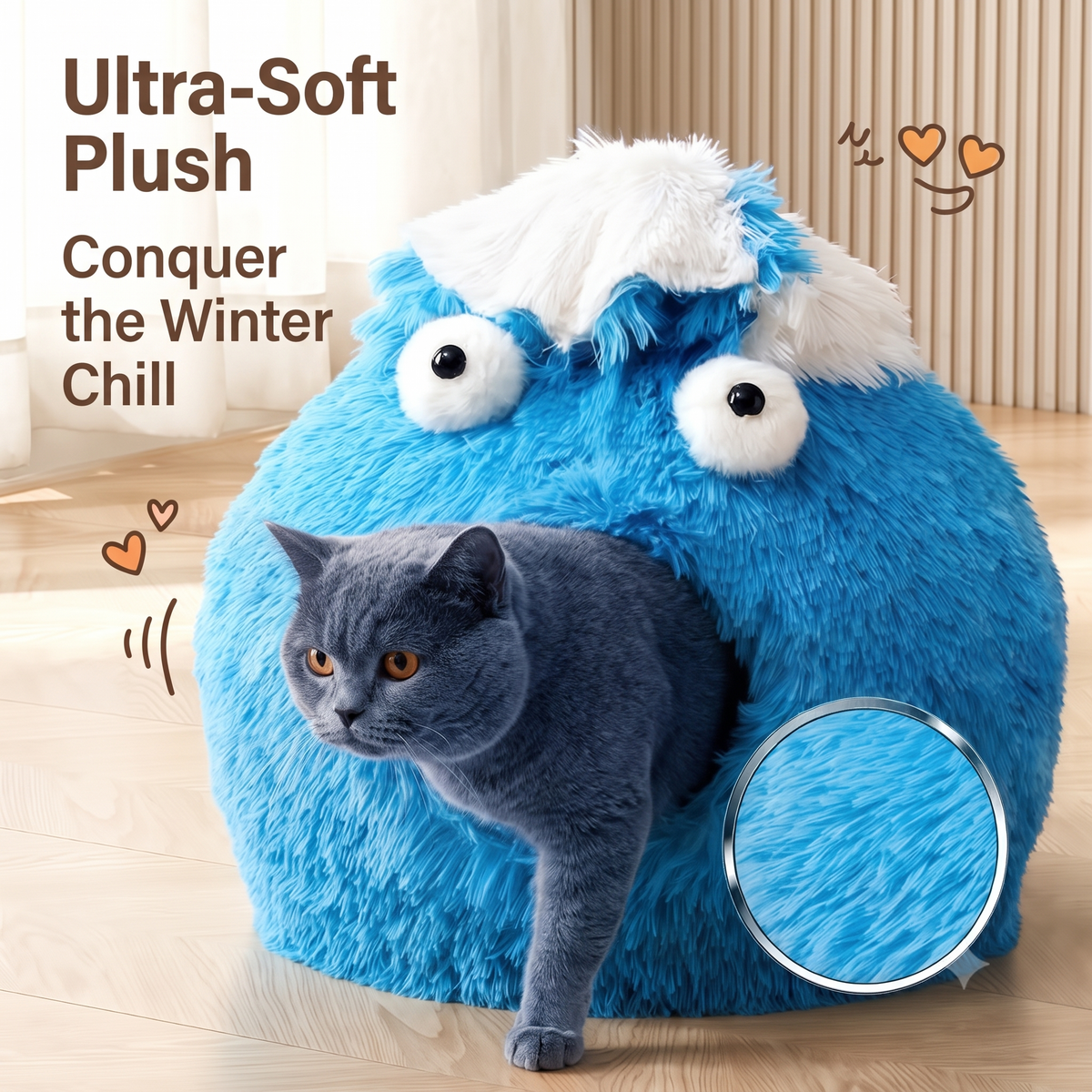 Cute Monster Cat Cave Bed, Fluffy Enclosed Pet Hideout with Non-Slip Base