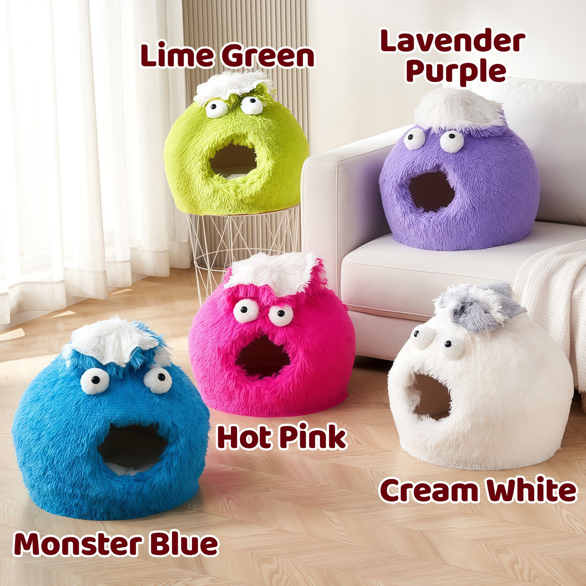 Cute Monster Cat Cave Bed, Fluffy Enclosed Pet Hideout with Non-Slip Base
