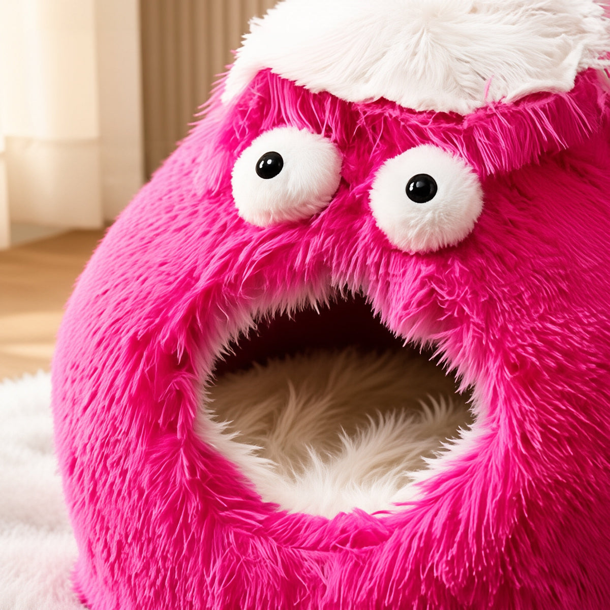Cute Monster Cat Cave Bed, Fluffy Enclosed Pet Hideout with Non-Slip Base