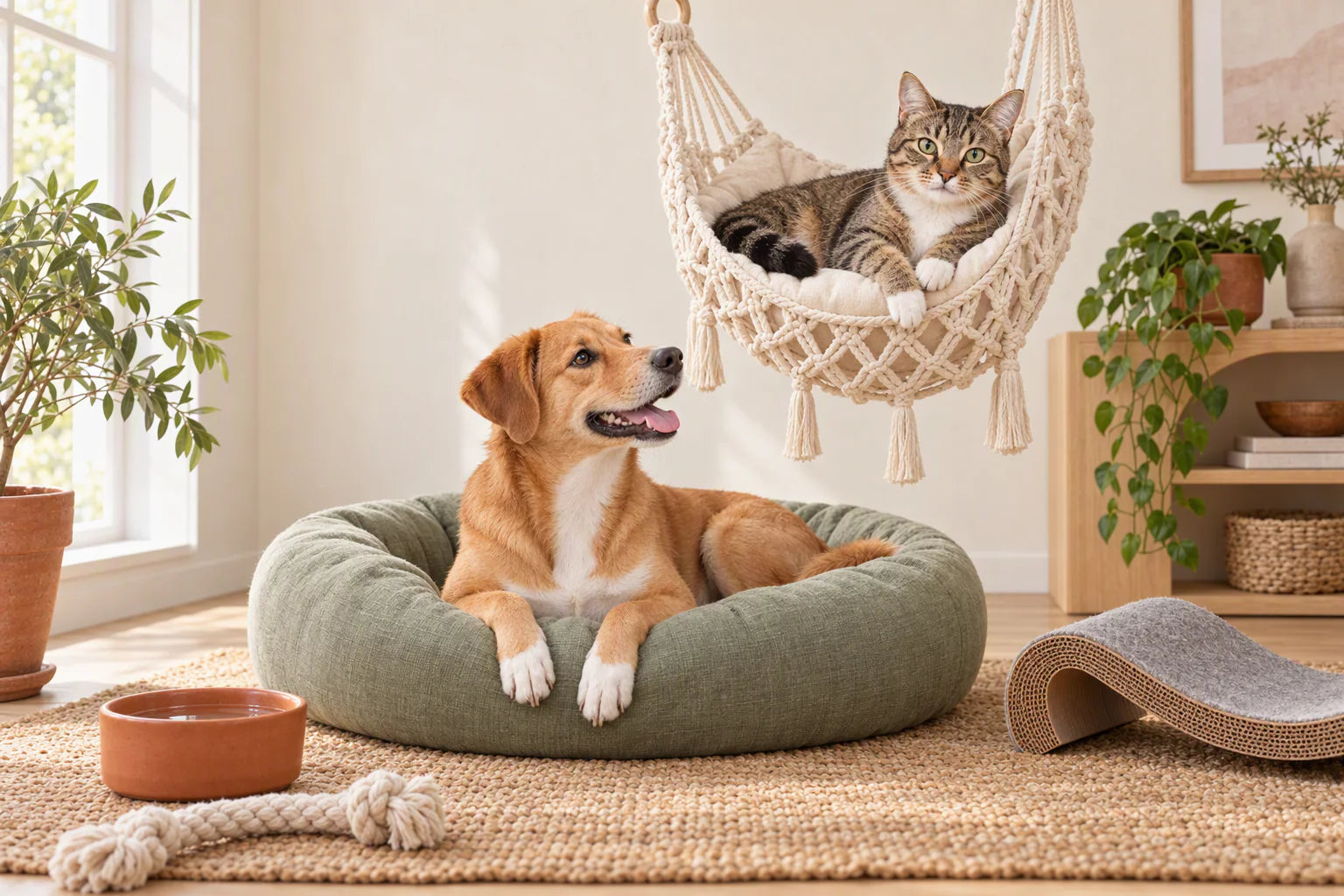 A tabby cat relaxing in a macrame hammock above a happy dog in a sage pet bed in a bright living room